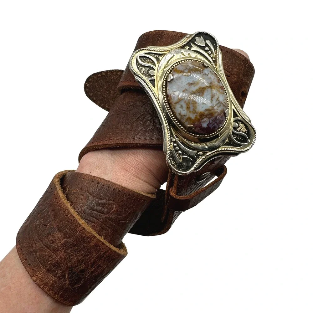 Vintage Western Embossed Leather Cowboy Belt Agate Stone Trophy Buckle Brown 34